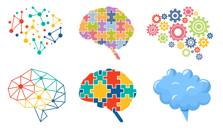 Set of Icons Colorful Brain, Polygonal Shapes, Puzzle Pieces, Cogwheels, Cloud or Speech Bubble, Neural Connections