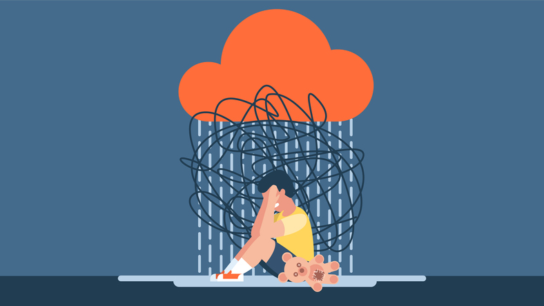 Bullying, harassment of children. The child suffers from stress, pain. The little boy is sitting on the floor and crying. Insecurity, bullying of children. Flat design. Abstract illustration.